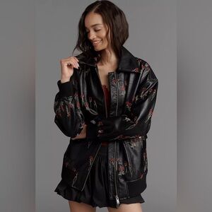 Anthropologie Maeve Faux Leather Floral-Embroidered Bomber Jacket NEW
